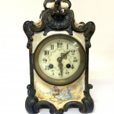 A French pottery clock with hand painted panels, 27cm x 15cm x 9cm