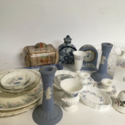 A collection of ceramics including Wedgwood dishes, Wedgwood candlesticks, cut glass bowl etc. This lot cannot be posted
