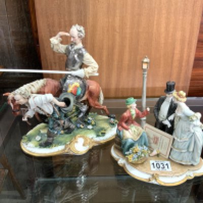 A Capodimonte figure of Don Quixote on horseback together with 2 additional Capodimonte porcelain figurine. (D)