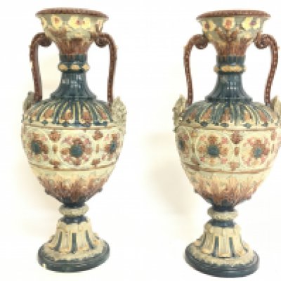 A pair of 19th century classical vases by Wilhelm Schiller & Sohn, Bohemia. 38.5cm tall. Chips as seen