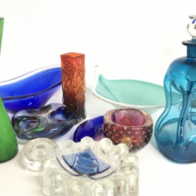 A collection of coloured art glass ceramics including decanters, bowls, vases, dishes. This lot cannot be posted