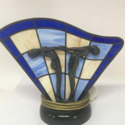 An Art Deco design table lamp stained glass with Art Deco lady figures. Fitted for electric. Very good condition height 27cm