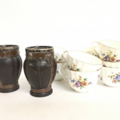Royal Doulton Silicon vases topped with silver (some damage) and Worcester Roanoke cups. This lot cannot be posted