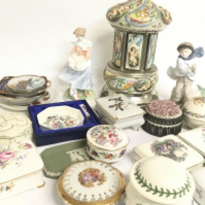 An Italian ceramic musical cigar holder, Old Country Ways Worcester figure, A Coalport figure and an assortment of Porcelain trinket boxes. This lot cannot be posted