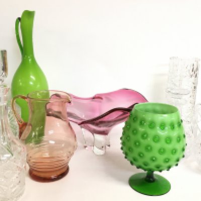 A collection of Coloured Art glass including vases, a large pink dish, cut glass decanters. This lot cannot be posted