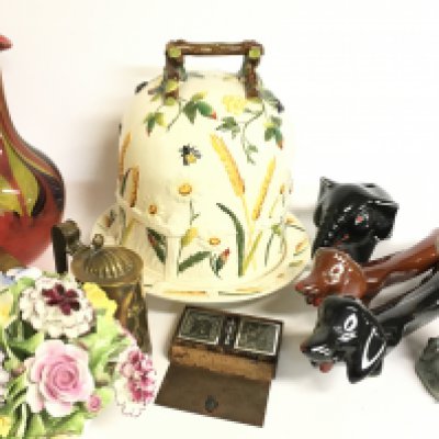 A collection of ceramics including a Nao figure, Royal Doulton floral Posy bowl (damaged), art glass vase etc