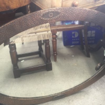 An oval copper framed mirror with a bevel edge. An oak framed mirror an oak stool and Victorian chair. (4)