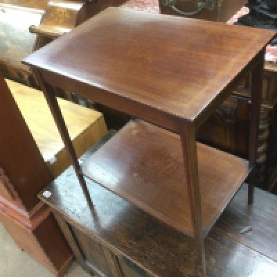 An inlaid mahogany two tier table, approx 60cm x 70cm x 40cm. Shipping category D.