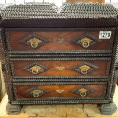 An Antique Tramp Art miniature 3 draw chest of drawers. 43cm x 50cm x 33.5cm.