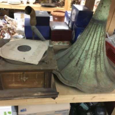 A collective lot including HMV Gramophone poker work table etc.