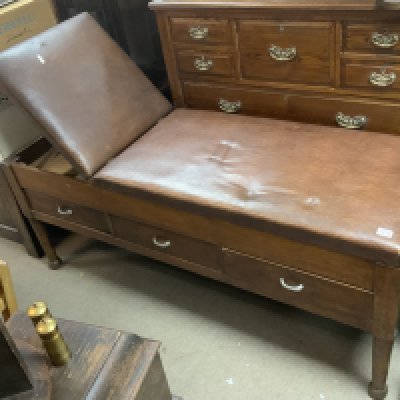 A vintage oak doctors examination couch, 3 drawer base. 180cm x 59cm x 74cm