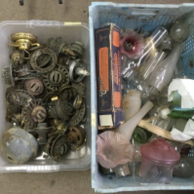 Two boxes of vintage lamp shades and fittings.