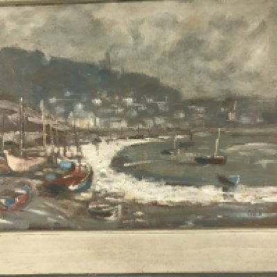 A framed oil on board depicting a view from Leigh on sea old town.60x 44cm .