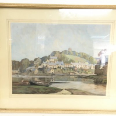 A framed watercolour painting by 20th century artist Van Jones depicting a rural town. Frame dimensions 49.5x40xm. NO RESERVE