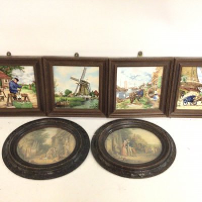 Framed Royal Mosa porcelain tiles and oval 19th century style Prints. This lot cannot be posted. NO RESERVE