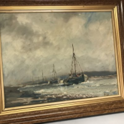A framed oil on board depicting cockle boats in Leigh creek .signed Vic Ellis . 46 x 36 cm