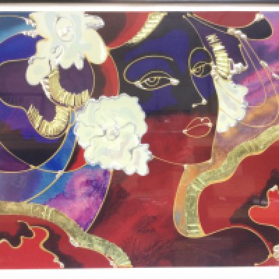 A frame and glazed mixed media portrait painting by Martiros Manoukian, approx 83cm x 68.5cm. Shipping category D.