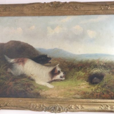 George Armfield 1808-1893. A gilt framed oil on canvas of hunting dogs, approx 90cm x 64cm. Shipping category C.