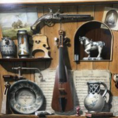 Christopher John Harrison (1945). A large oil on panel of various antiquities. Monogram signature to bottom left. Approx 102cm x 95cm.