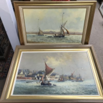 A pair of oil paintings study of Thames barges off Old Leigh by local 20th century artist Collin Moore