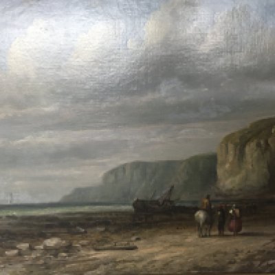 A framed oil painting on canvas study of a coastal view with a shipwreck in the style of james Webb 1835-1895. Gallery label to the reverse. 52x42cm