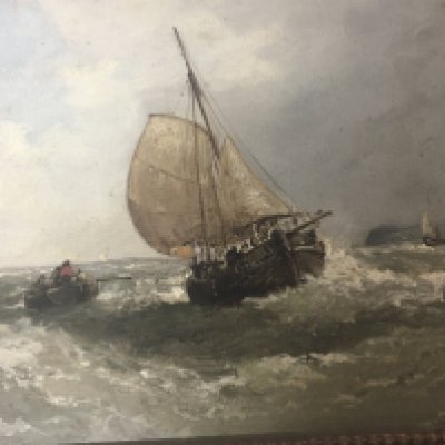 A framed 19th century oil painting on canvas study of fishing boats. Signed James Webb attributed the reverse with P Polak gallery label. 36cm x30cm