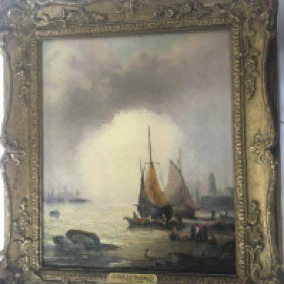 A framed oil painting on canvas 19th century study of moored sailing boats with figures on the shore attributed to Charles Thornley 1858-1898. 39x35cm