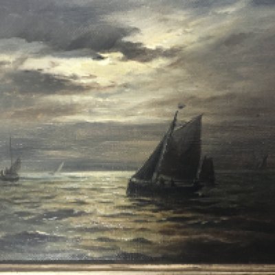 A framed oil painting on panel 19th Century. Return of the Fishing Fleet Moonlight signed lower left attributed to John Moore 1820-1902. 34x28cm.