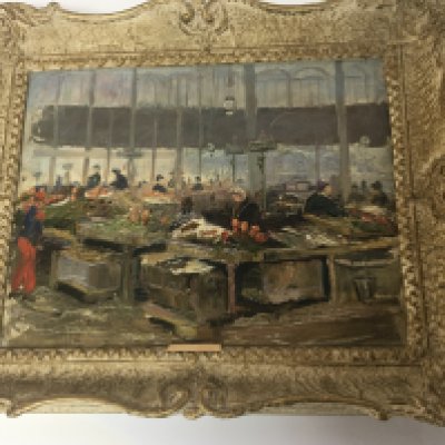 A framed oil painting on board a French street market signed lower right Jan Minarik. The reverse with applied label 30x25cm and one other oil painting in the style of John Moore a beach scene with figures Old Felixstowe.36x30cm (2)