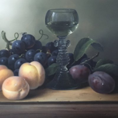 A framed 20th century oil paintings Still life studies of a Continental wine glass amongst fruit signed by Brian Davies 1942-2014. 49x40cm