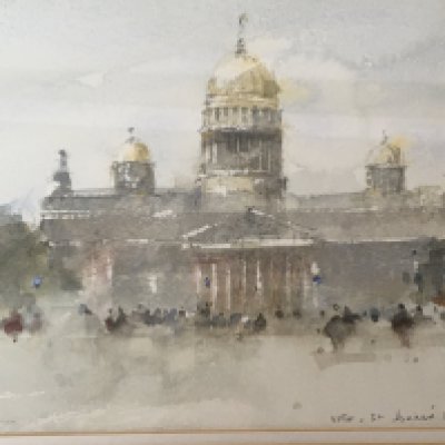 A framed oil painting on panel study of the Madonna and child and a framed pencil signed study a view of St Isaacs London (2)