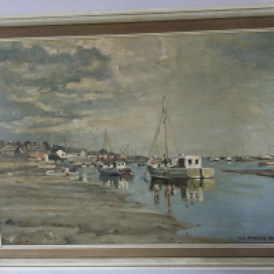 A framed oil painting local marine view with cockle boats signed by A G Horner 1962. 66x52cm