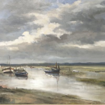 A large framed oil painting by Shirley Carnt study of boats in a creek 79x64cm and two other framed pictures (3)