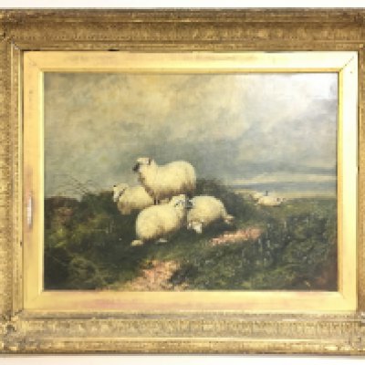 A large gilt framed oil on canvas painting study of a flock of sheep in the countryside. Frame dimensions approximately 85cmx69cm. This lot cannot be posted