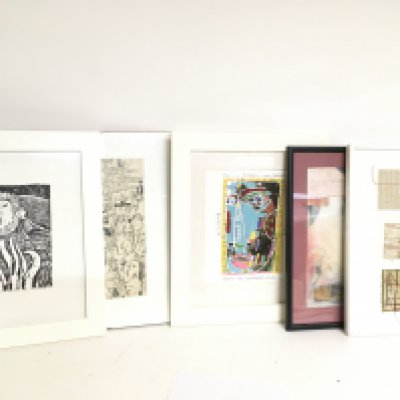A collection of modern framed sketches and abstract art, prints etc. This lot cannot be posted