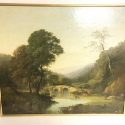 A late 18th century framed oil on canvas painting of a rural landscape, dimensions 70x60cm