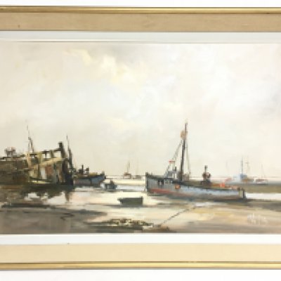 A large framed oil painting depicting boats at shore by local artist Vic Ellis (1921-1984). Dimensions 90x65cm.