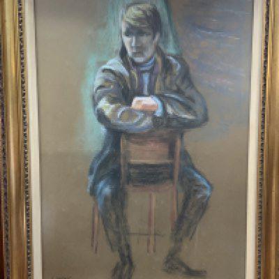 A large pastel drawing of a seated man signed E.Lintott. 90cm x 69cm.