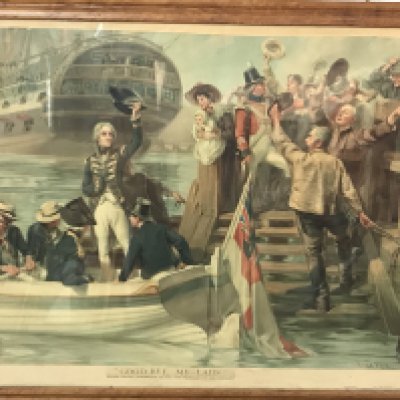 A framed print depicting Nelson " Goodbye My Lads" Nelson leaving Portsmouth to sail for Trafalgar on the Victory