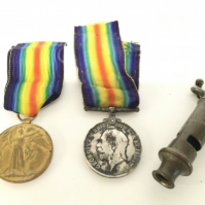 WW1 medals consisting of a victory medal presented to PTE. E.S.Ayres. Suff.r. , a war medal presented to a PTE. S.A.Marshall. Camb.R and a Metropolitan whistle. Postage category A