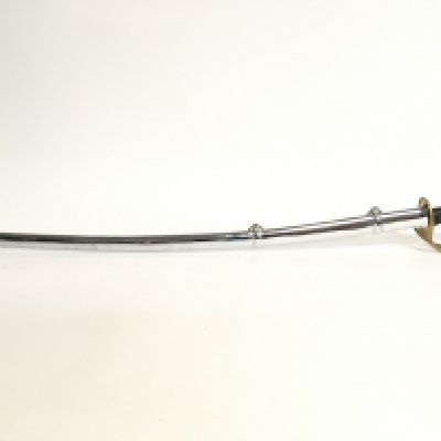 A French Heavy Calvary sword with a 83cm long blade, leather grip and scabbard. This lot cannot be posted