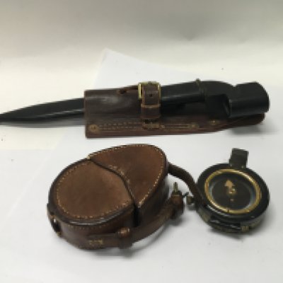 A Canadian bayonet and a short & mason 1917 compass.