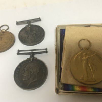 A collection of I world War Medals awarded to 21792 Pte H J Crosby The Queens Reg also 9047 CPL D Simpson Essex Reg. and two other 29711 Pte F Thorogood Midd,X two medals in box with ribbons.