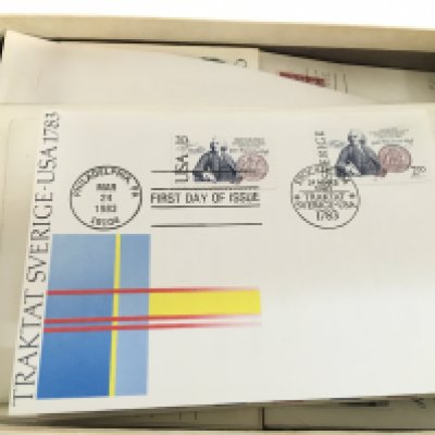 A box containing 1950s American first day covers