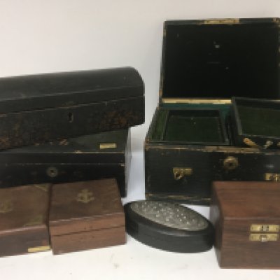 A leather bound Vintage jewellery box antique lacquered boxes and other treen boxes.
