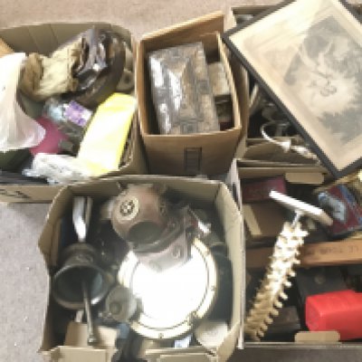 A collection of assorted items including a small brass and copper scuba diver helmet, a bronze mortar and pestle, Japanese dragon box etc.