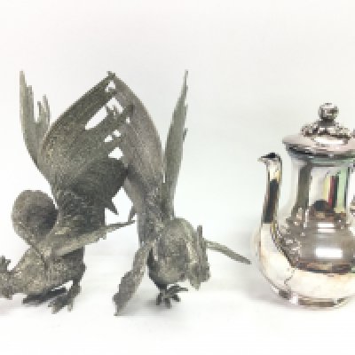 Fighting cockerel figures and a silver plated tea pot , postage category C