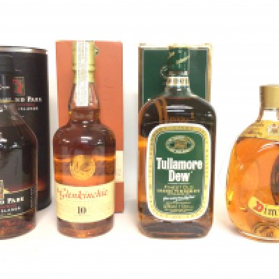 Whiskys including Highland Park Single Malt Scotch Whisky, Glenkinchie The Edinburgh Malt Lowland Scotch Whisky, Tullamore Dew Finest Old Irish Whiskey and Dimple. This lot cannot be posted.
