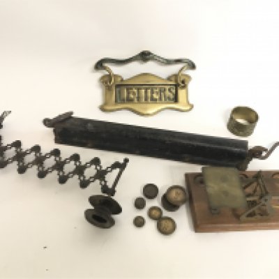 A Collection of assorted items including a Victorian letter box, extending candle lamp, salter scale no2, small letter scales, hunting scene napkin ring. Postage category C