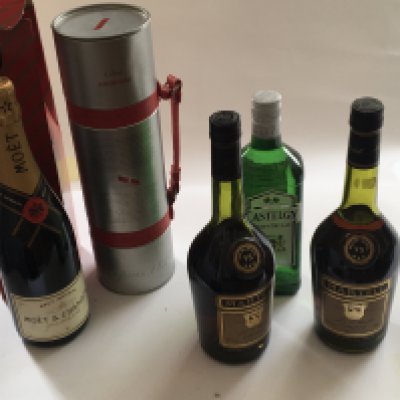 Two bottles of Martel Cognac VS 68cl Mo&euml;t &Chandon champagne Cordon Rouge and Castle London Gin (5)
